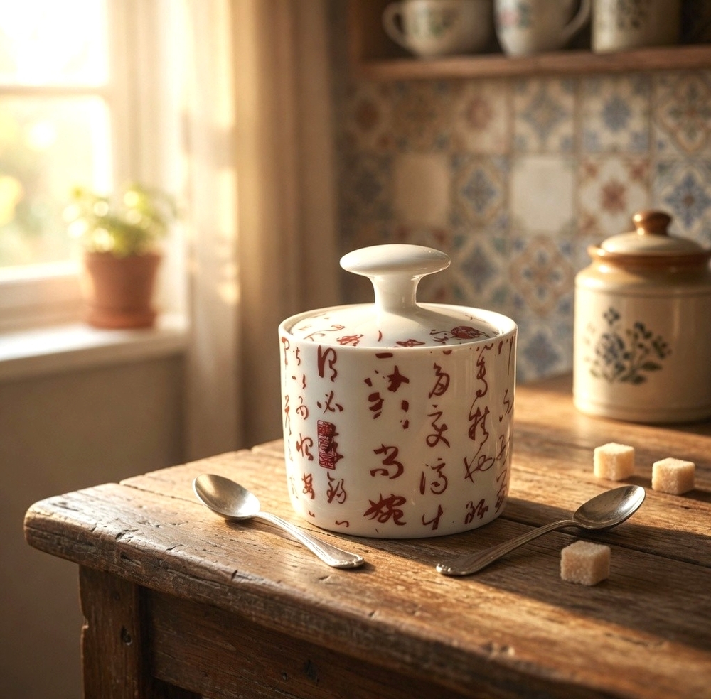 Vintage White Red Chinese Calligraphy Covered Sugar Bowl Tea Jar 3.75" Ceramic